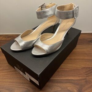 Pelle Moda Metallic Silver Ankle Strap Heels